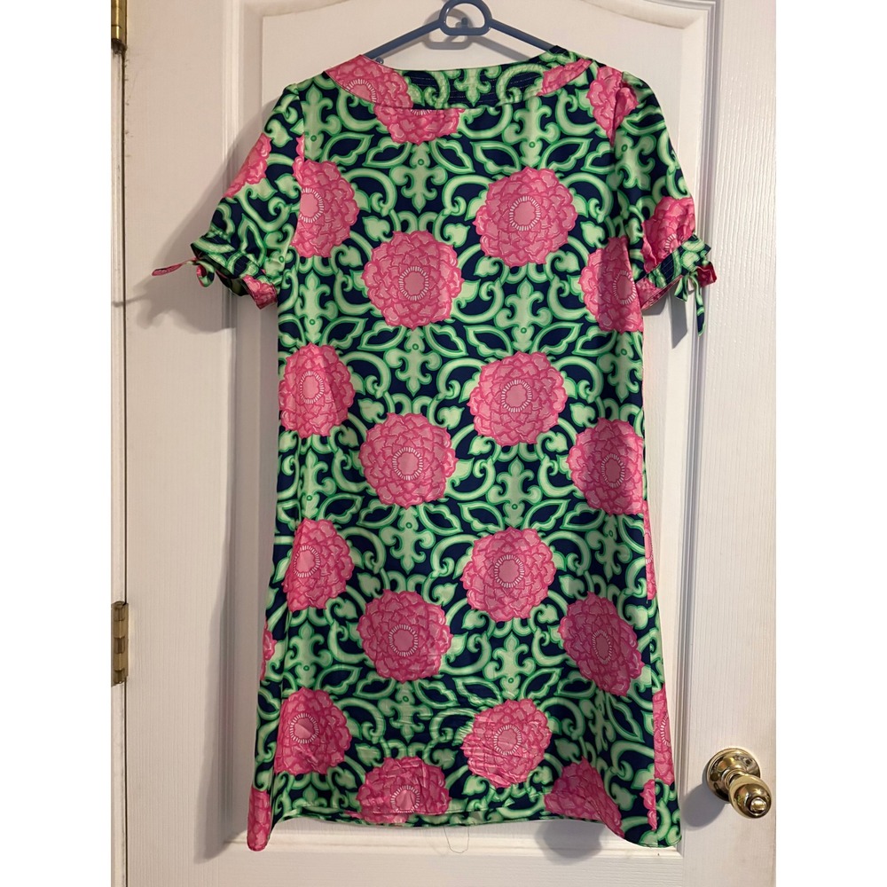 Lilly Pulitzer Silk Shift Dress Pink Green‎ Floral Scroll Tie Sleeve Size 8 - Picture 2 of 6